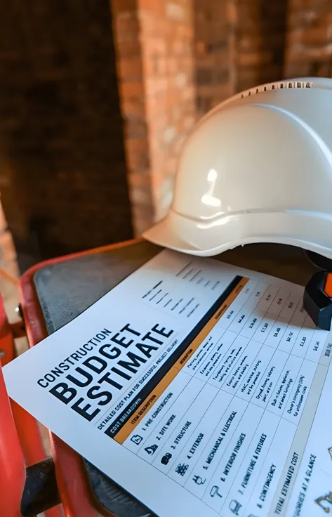 Construction budget estimate beside a safety helmet
